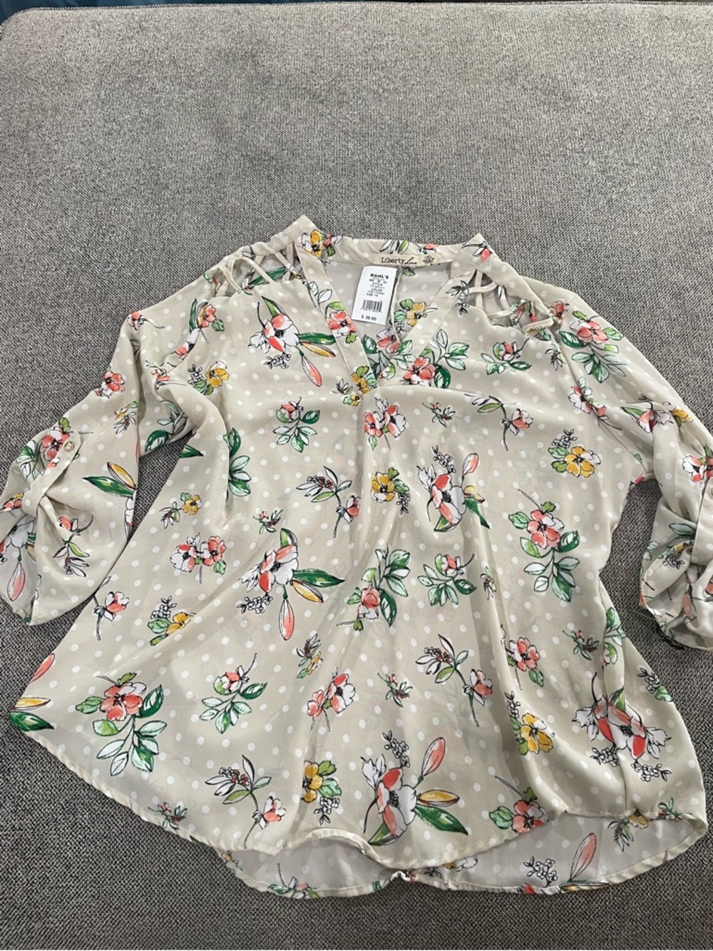 Liberty Love Beige Floral Polka Dot V-Neck Blouse